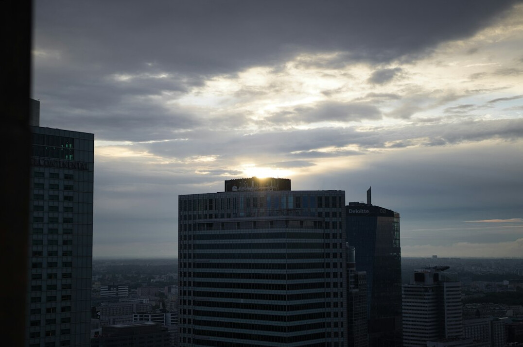 City financial district skyline at dusk