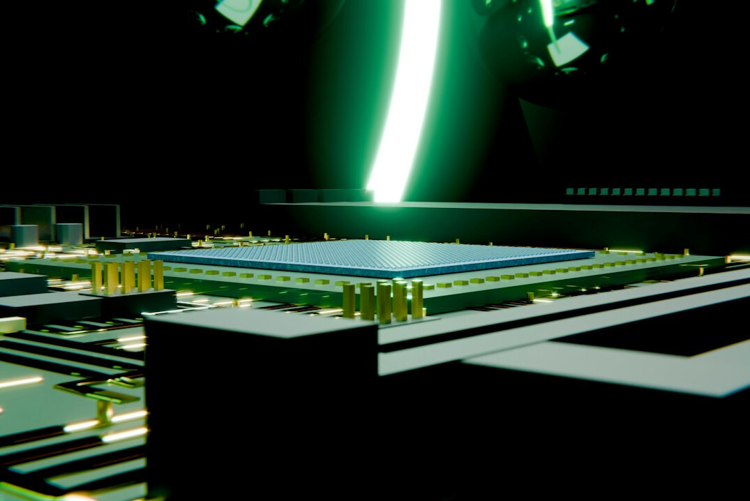 Close-up of a circuit board with glowing lights